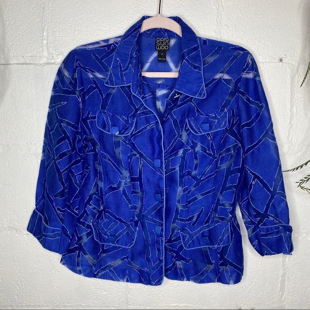 Clara Sun Woo Blue Button Front 3/4 Sleeve Patch Blouse Semi Sheer Size Small